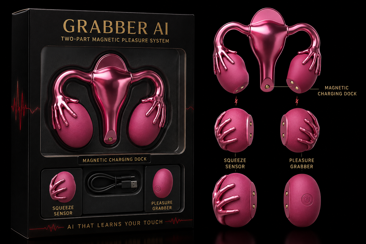 Grabber AI concept illustration showing a two-part magnetic pleasure system, charging dock and proposed packaging